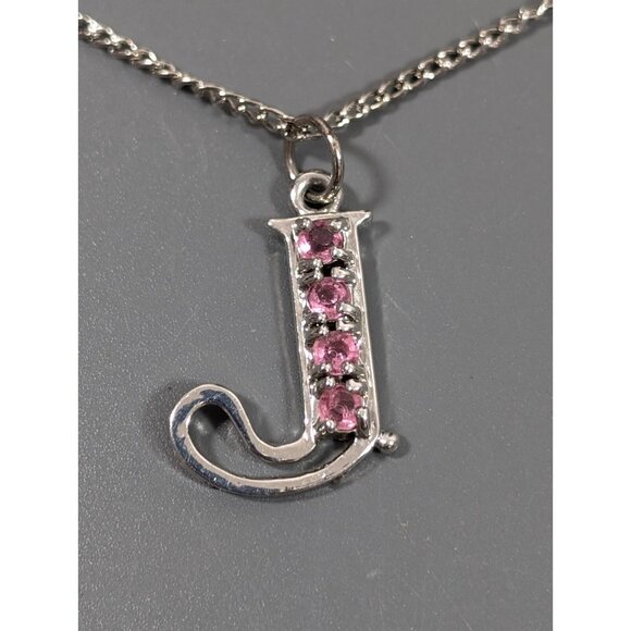 Pink Rhinestone Birthstone Initial Letter J Pendant Silver Tone Retro Necklace - Picture 4 of 9